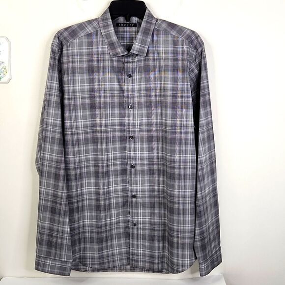 Theory Mens Long Sleeve Plaid Print Button Down Shirt Size Large - Picture 1 of 8